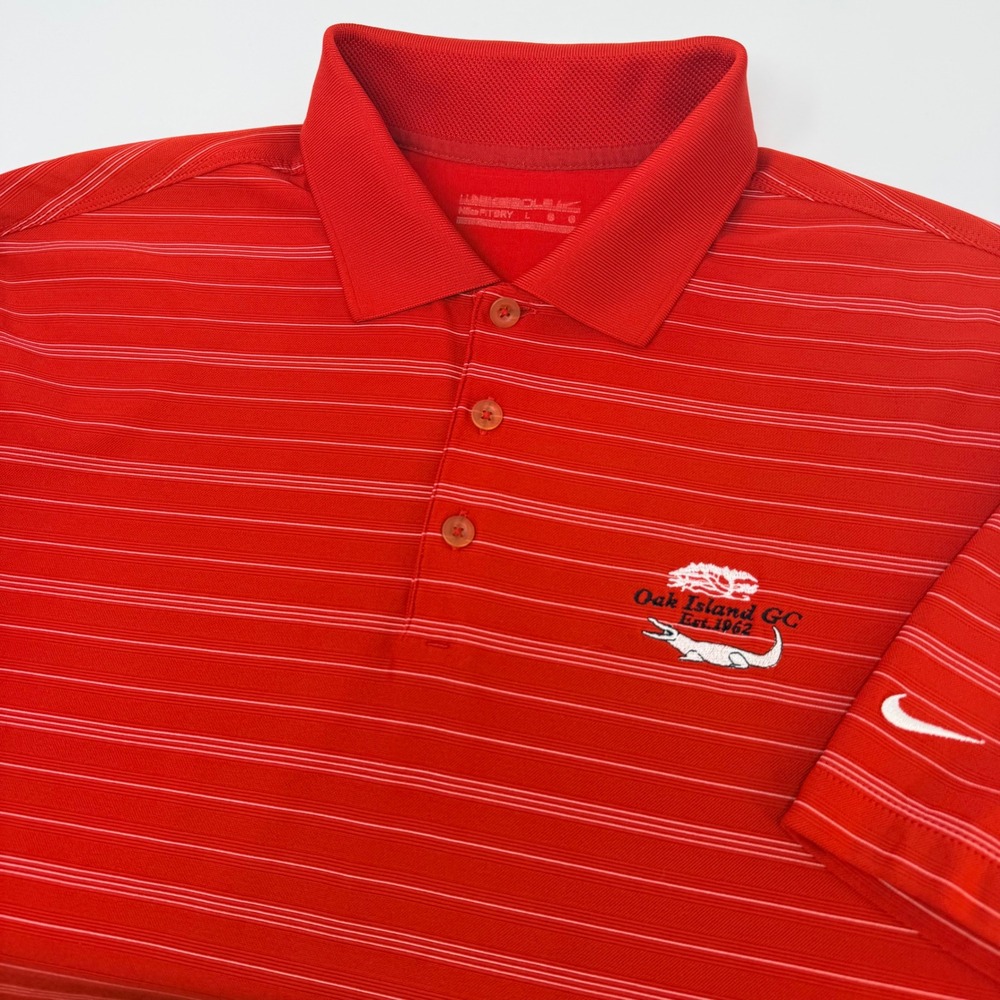 Nike Golf Mens Large Red Striped Fit Dry Oak Island GC Gator Polo Shirt